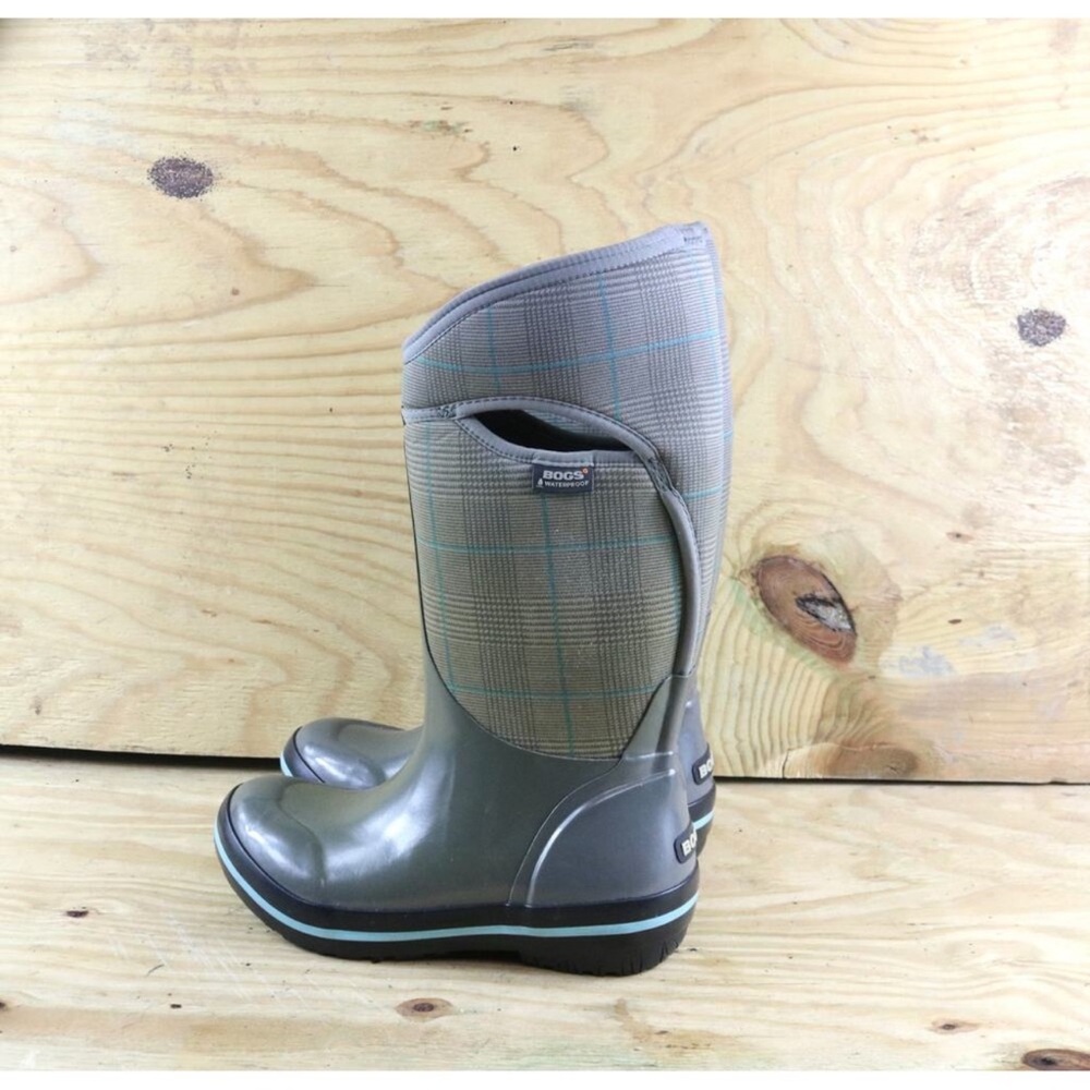 Bogs Boots Womens 7 Gray Green Plaid Prince Of Wales Rain Boots Tall Pull On